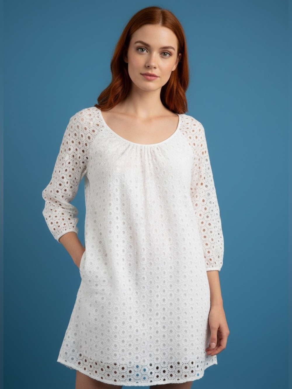 crown & ivy White Eyelet Scoop-Neck Tunic/Dress Size 12